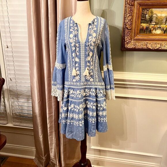 $498 EUC Tory Burch Gabriella Blue White Embroidered Dress Size 2 Perfect - Picture 6 of 10